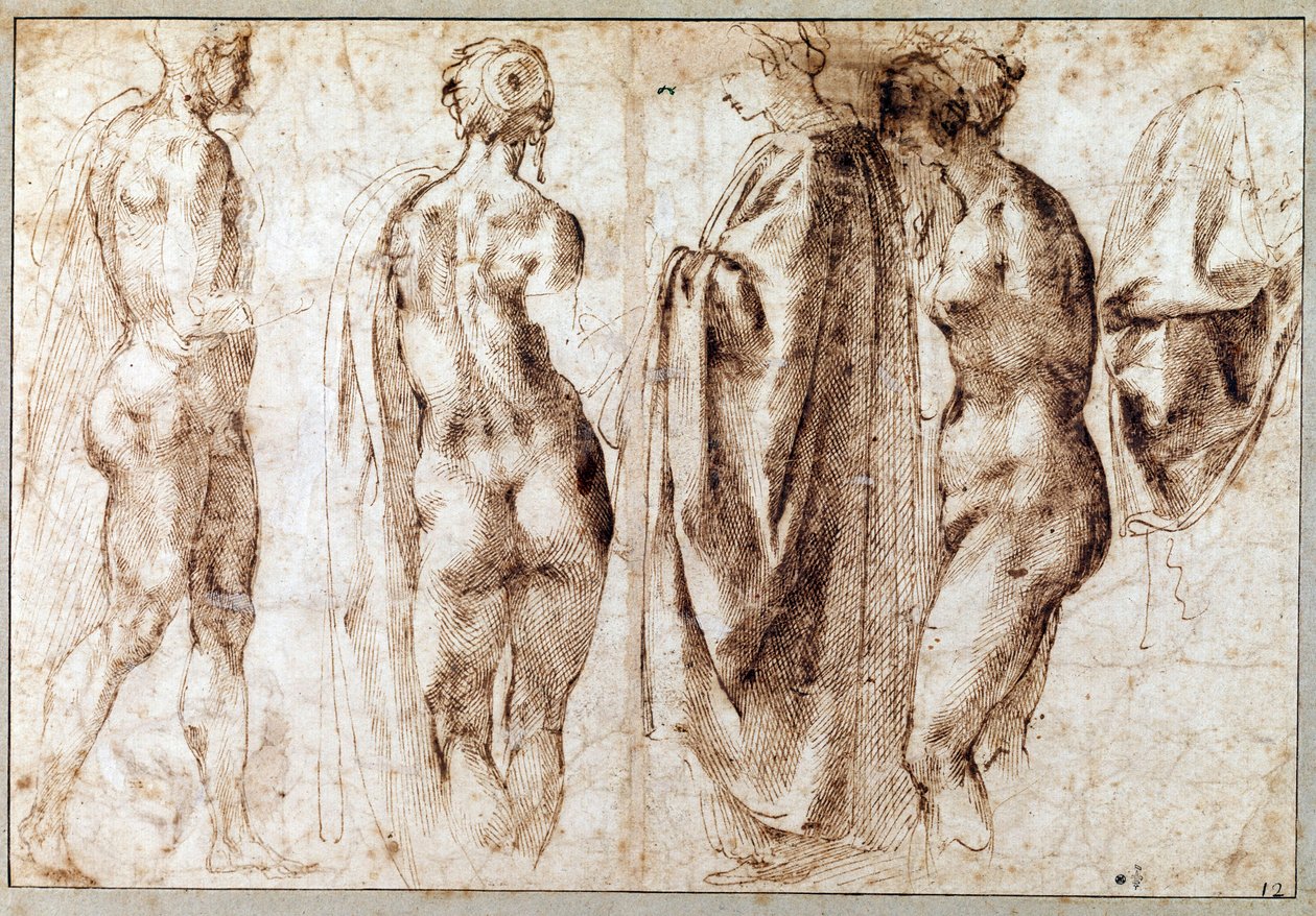 Gruppe von vier stehenden Figuren und ein Vorhang von Michelangelo Buonarroti