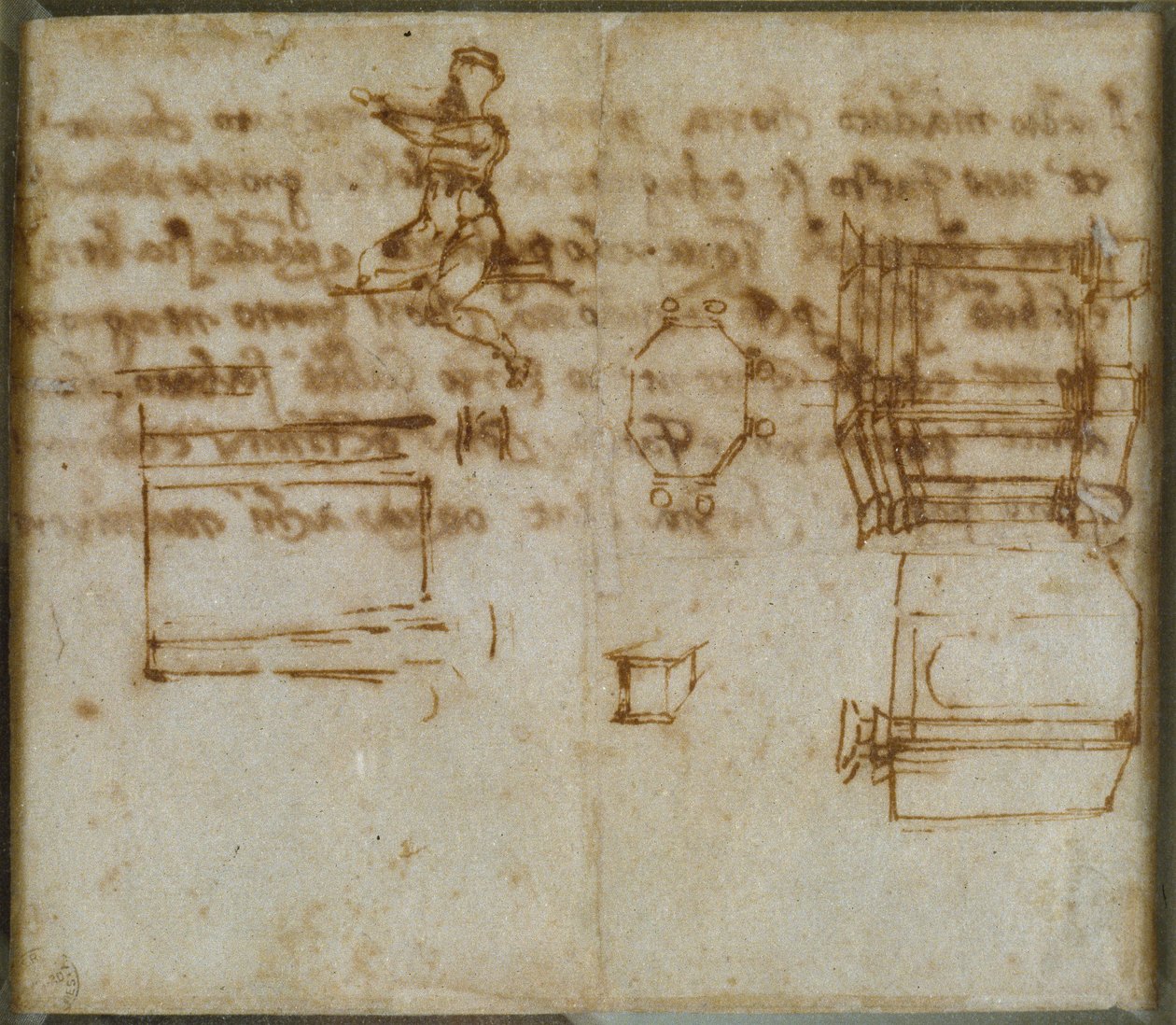 Leichte Skizzen von Architektur und eine kleine Figurenstudie, spätes 15. bis frühes 16. Jahrhundert von Michelangelo Buonarroti
