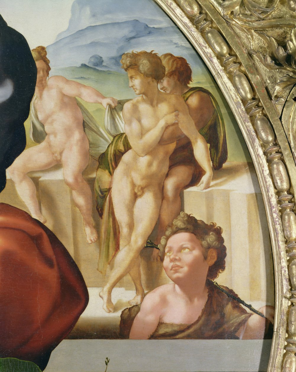 Die Heilige Familie mit St. Johannes (Doni Tondo) mit nackten Figuren im Hintergrund von Michelangelo Buonarroti