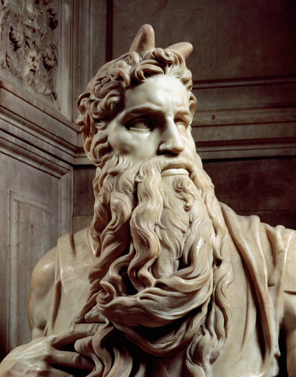 Grab von Papst Julius II. 1453-1513, Detail des Kopfes von Moses, 1513-16 von Michelangelo Buonarroti