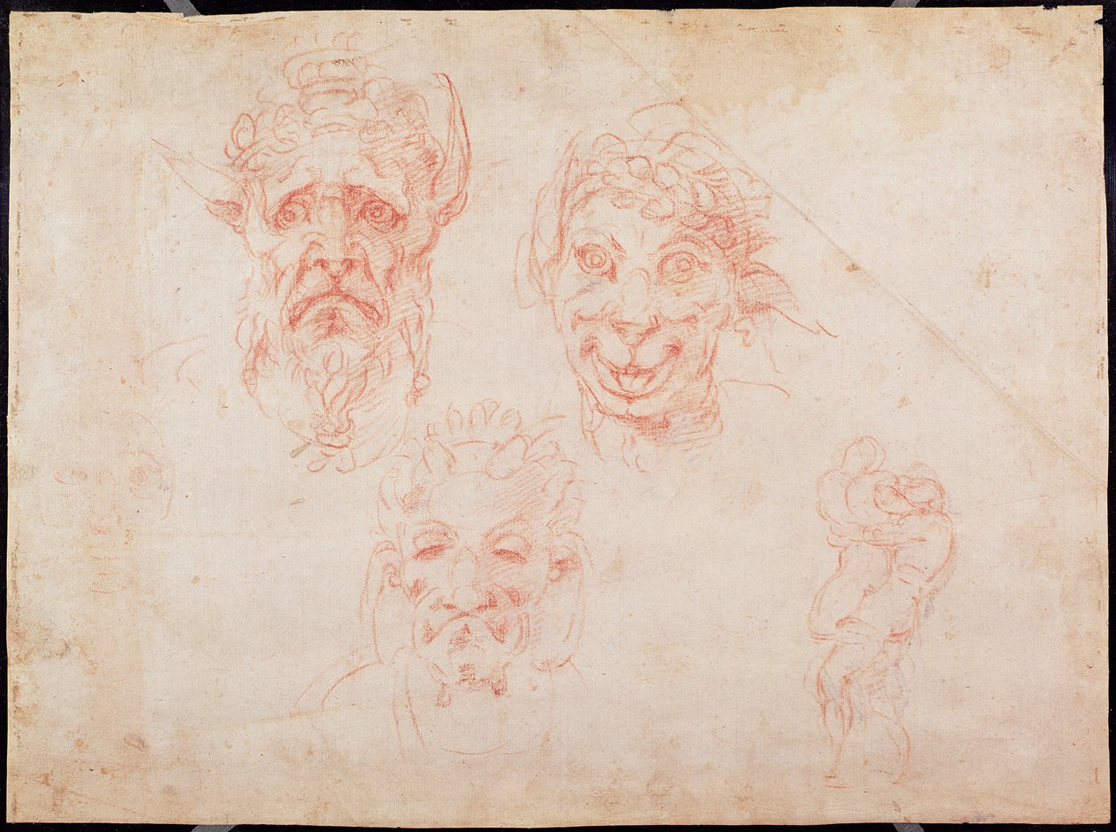 W.33 Skizzen von Satyrgesichtern (Rötel auf Papier) von Michelangelo Buonarroti