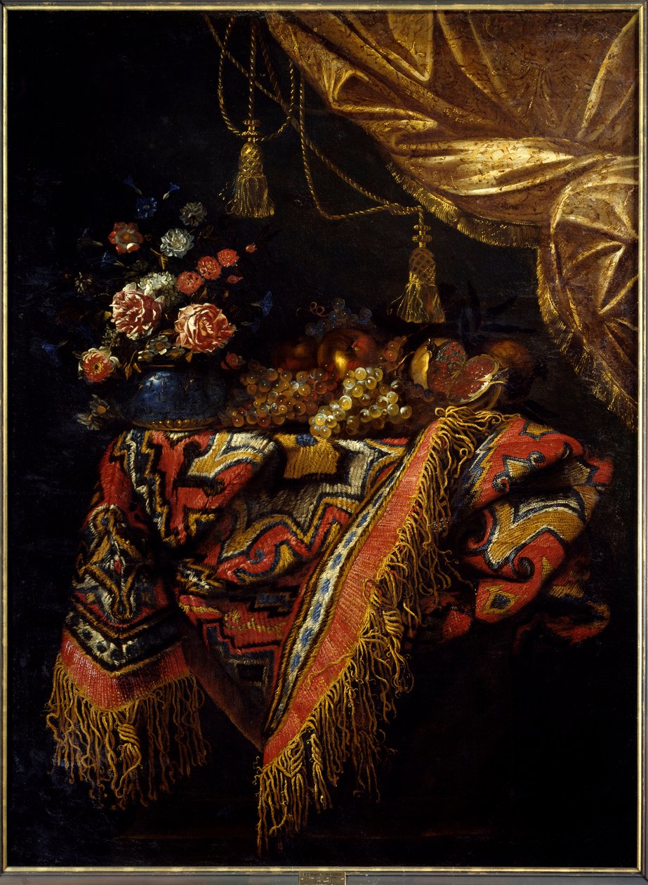 Stillleben mit Früchten und Blumen auf einem Tischtuch. Gemälde von Michelangelo Campidoglio (1610-1670) 17. Jahrhundert. Rennes, Museum der Schönen Künste von Michele Pace del Campidoglio