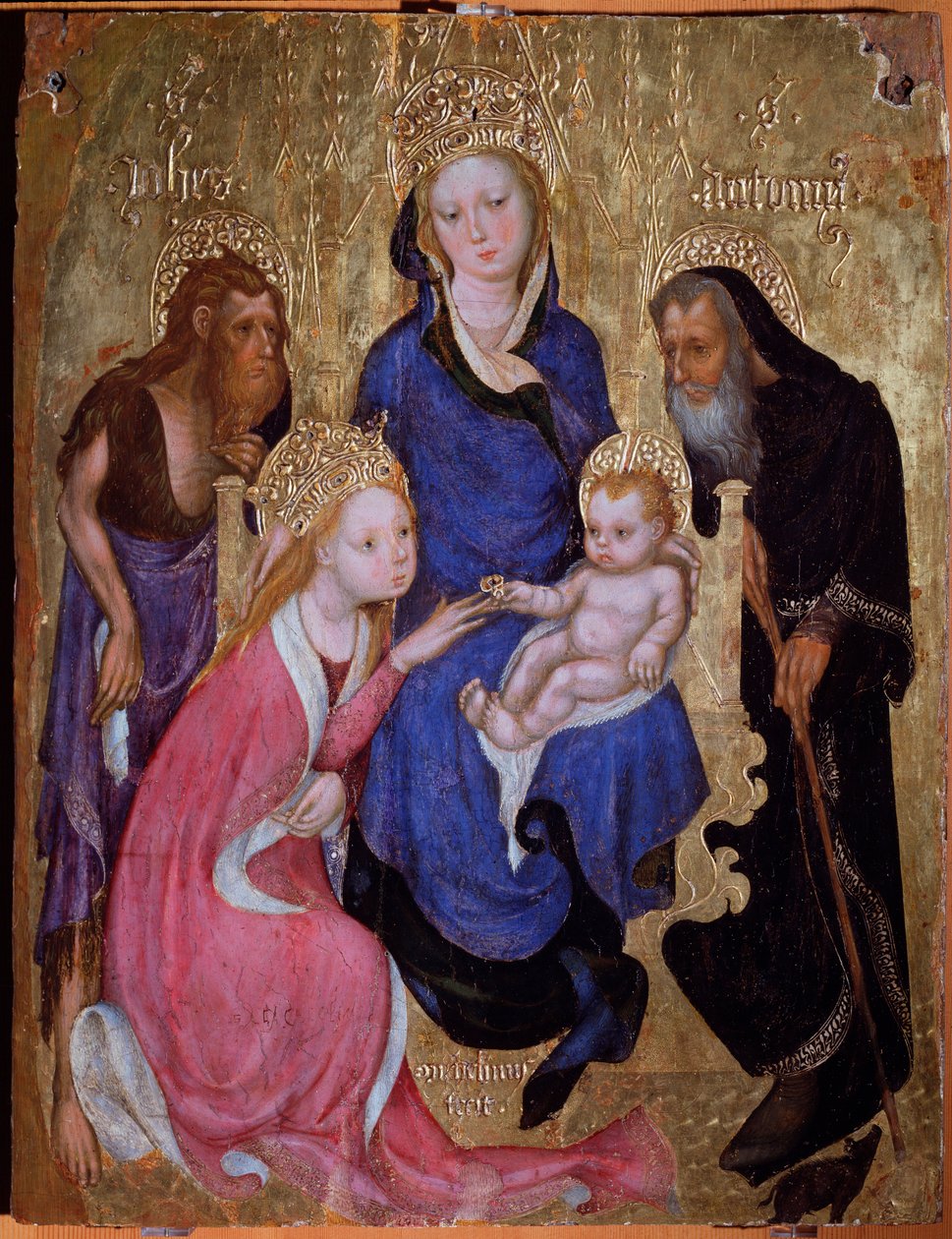 Die mystische Hochzeit der Heiligen Katharina mit den Heiligen Johannes dem Täufer und Antonius von Ägypten - Gemälde, ca. 1420 von Michelino Molinari da (attr. to) Besozzo