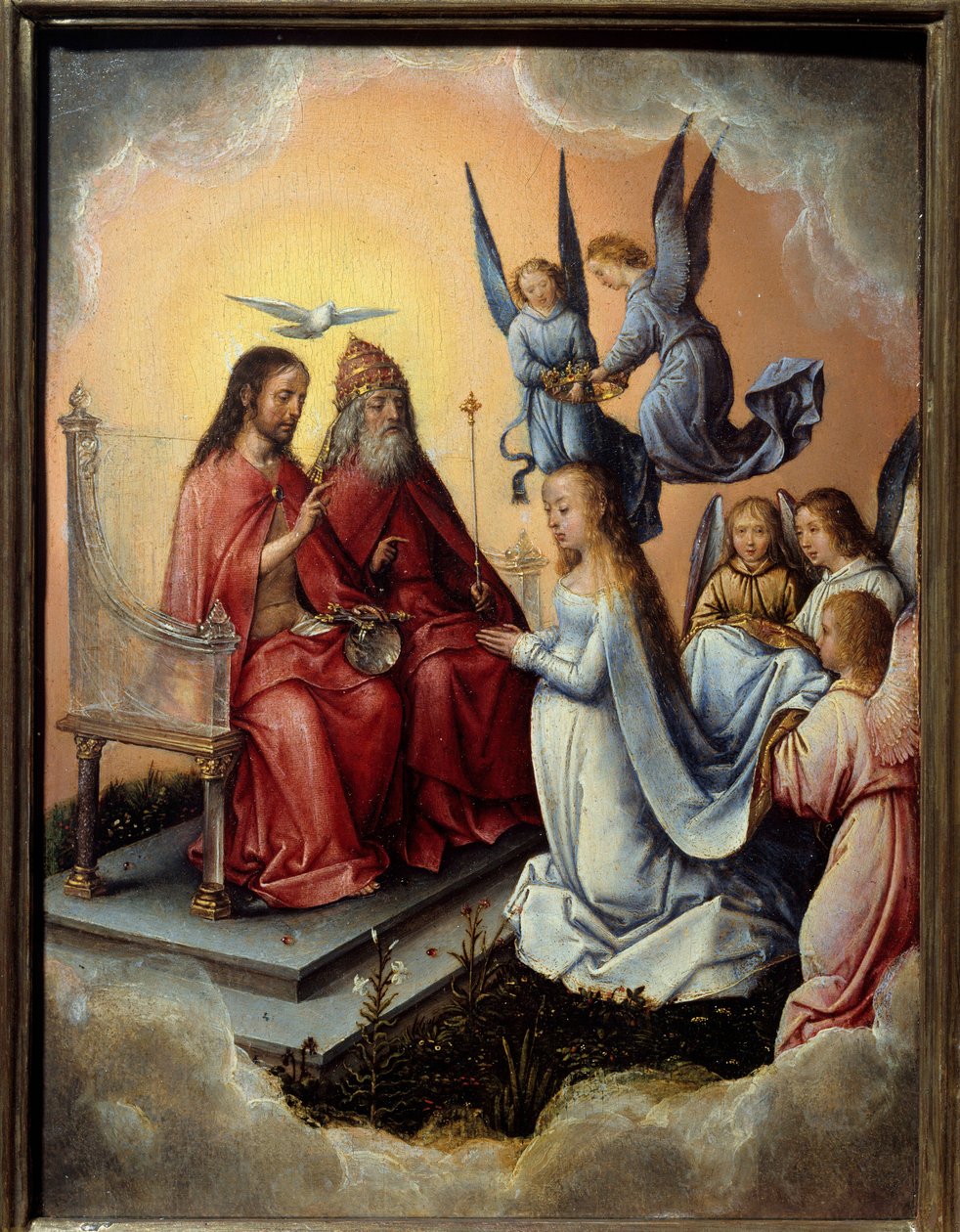 Die Krönung der Jungfrau. Die Jungfrau wird von der Dreifaltigkeit (Gott, Christus und der Heilige Geist) gesegnet, Engel setzen ihr die Krone auf. Gemälde von Michel Sittow (1468-1525) von Michiel Sittow