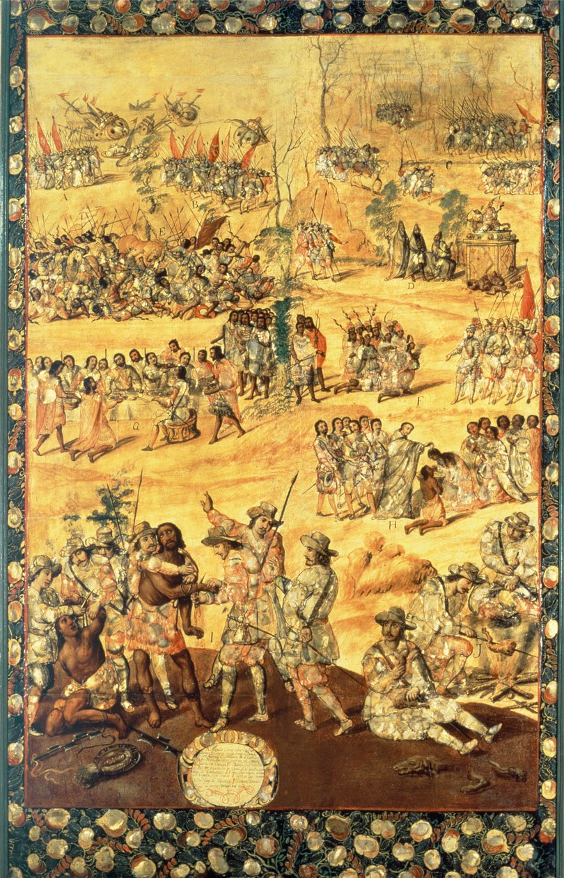 Das Treffen zwischen Hernando Cortes (1485-1547) und Montezuma (1466-1520), Tafel aus der Eroberung Mexikos von Miguel and Juan Gonzalez