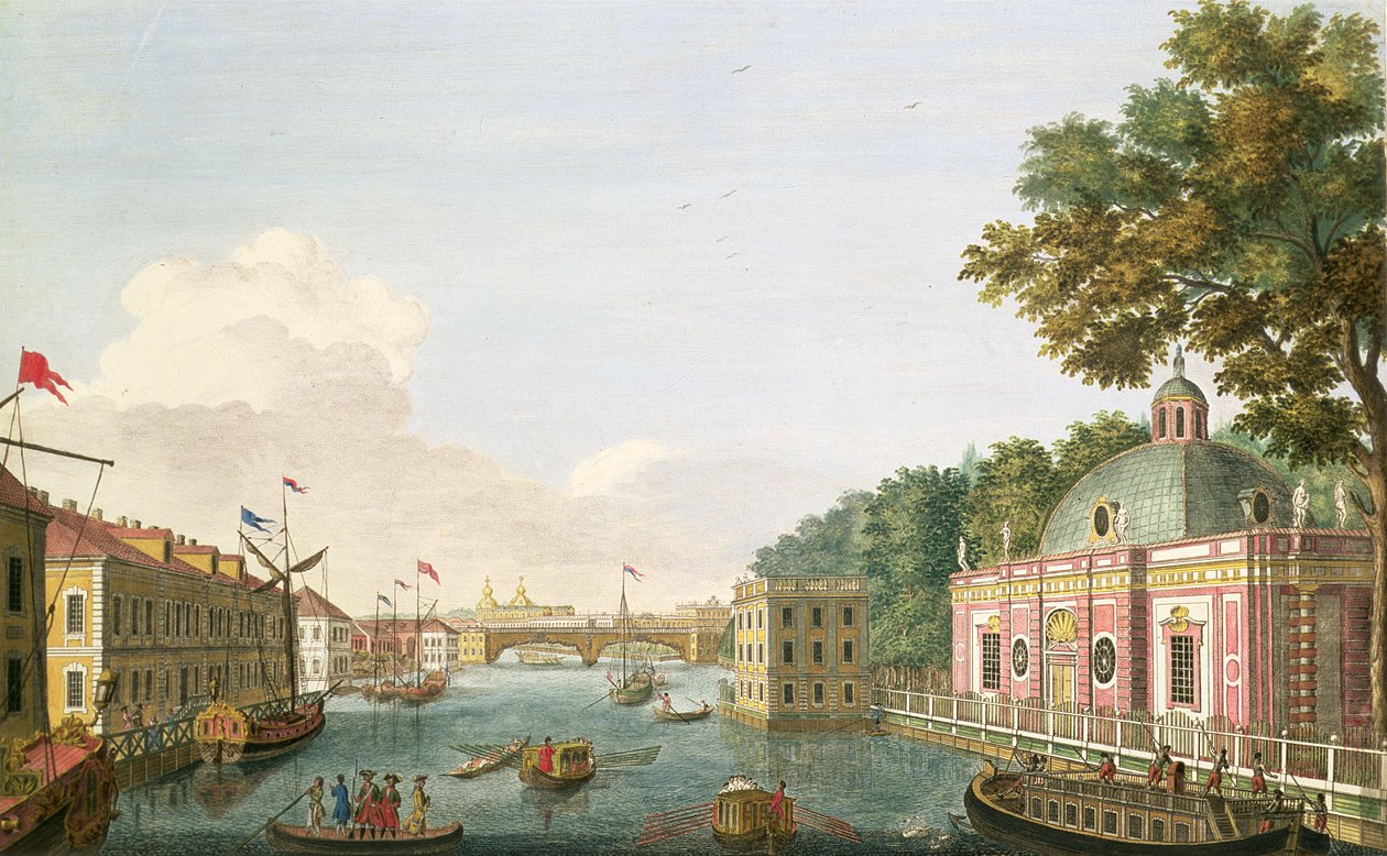 Blick auf den Fontanka-Fluss vom Grotto und dem Gästehaus, geätzt von Grigory Anikievich Kachalov (1711-1759), 1753 von Mikhail Ivanovich Makhaev