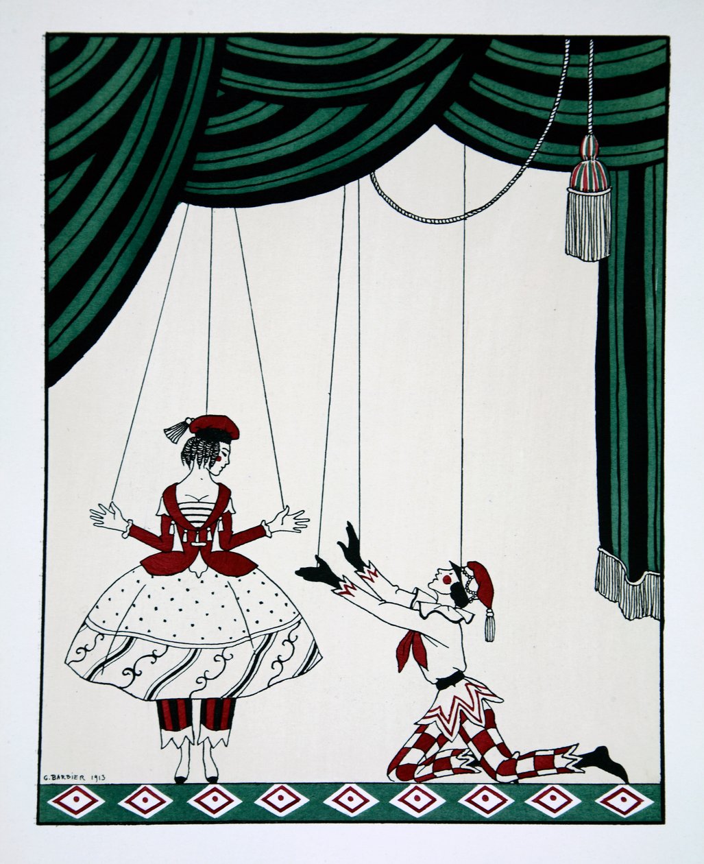 Petroushka, aus der Serie Designs on the dances of Vaslav Nijinsky 1889-1950. Georges Barbier 1882-1932, Pochoir-Druck von Mikhail Shibanov