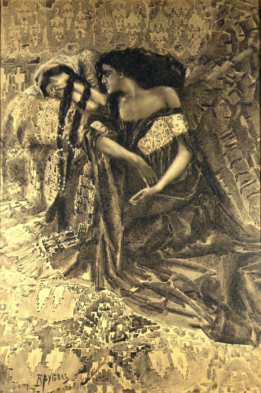 Tamara und Dämon. Illustration zum Gedicht Der Dämon von Michail Lermontow, 1890-1891 von Mikhail Aleksandrovich Vrubel