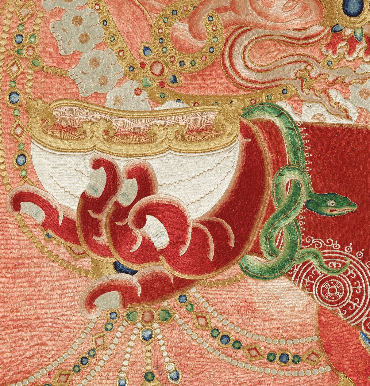 Detail der kaiserlichen bestickten Seiden-Thangka von Ming Dynasty Chinese School