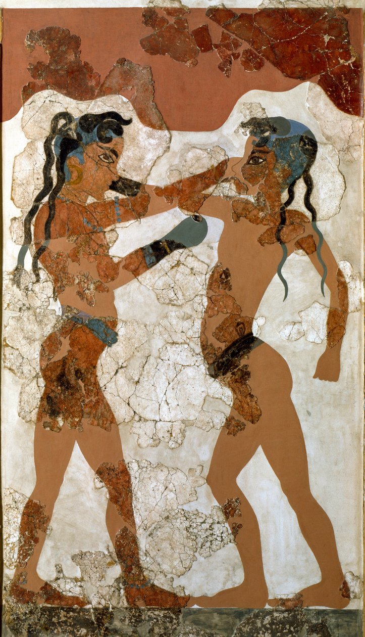Minoische Kunst: Kampf zwischen zwei Boxern Fresko aus Akrotiri auf Santorini. 16. Jahrhundert v. Chr. Athen, Nationales Archäologisches Museum von Minoan
