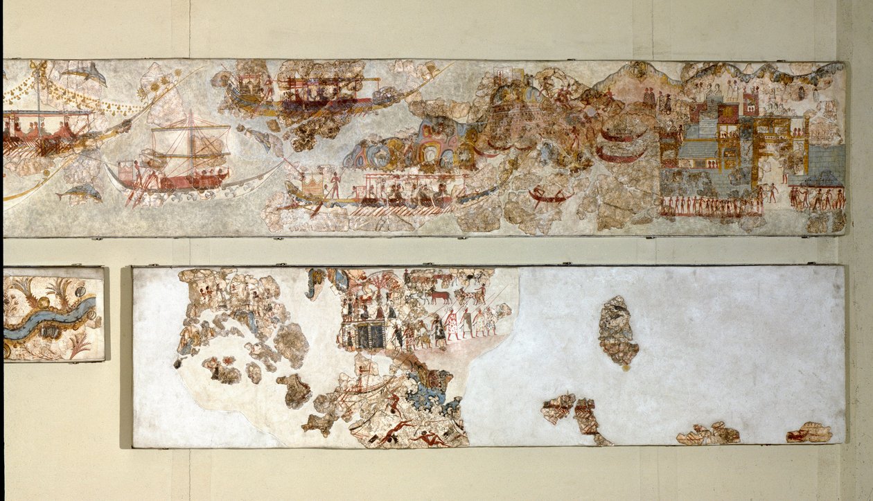 Minoische Kunst: „Seefahrt“ Fresko aus Akrotiri, Santorini. 16. Jahrhundert v. Chr. Nationales Archäologisches Museum, Athen von Minoan