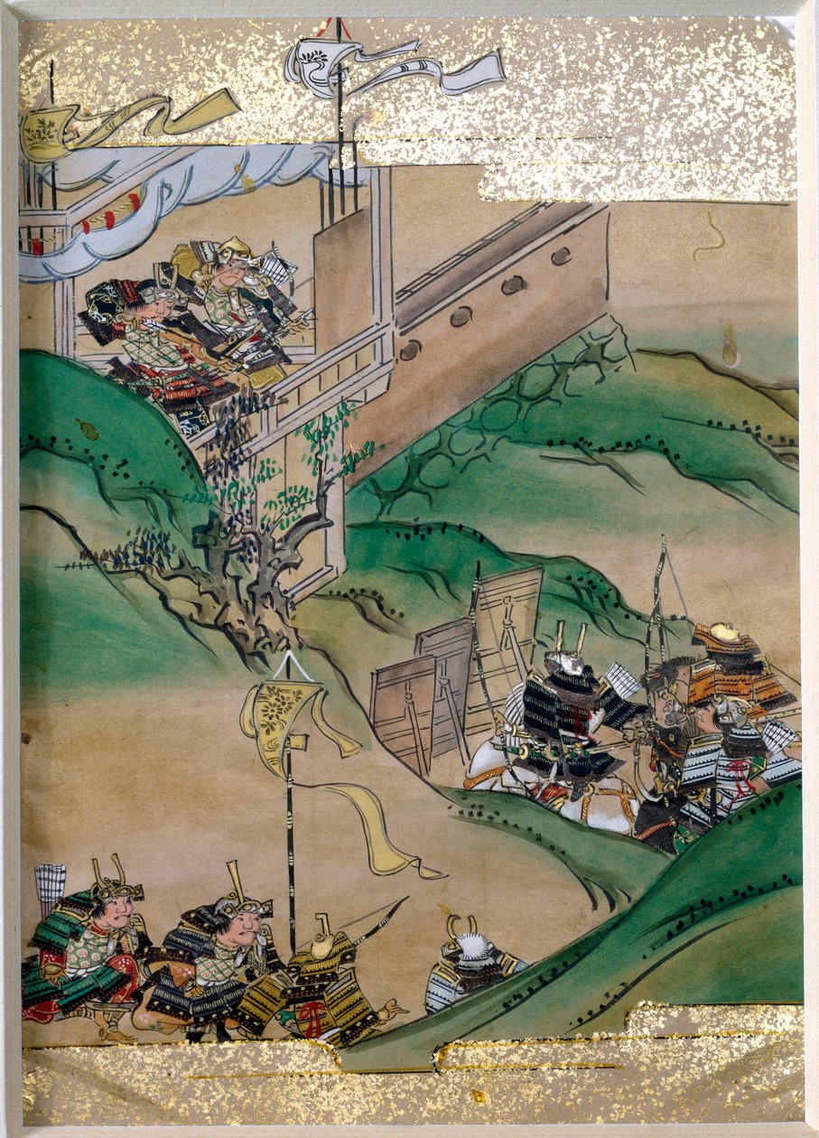 Episode der kaiserlichen Kämpfe in Japan (1308-1368). Miniatur der Tosa-Schule (17. Jahrhundert) mit Goldblättern und Perlmutt von Austern. Privatsammlung von Mitsuhiro (after) Tosa