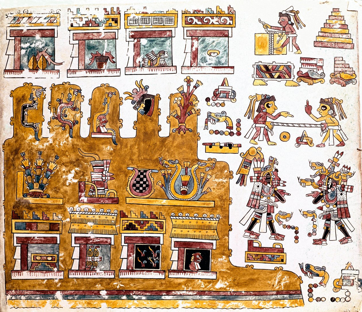 Mixtekische Zivilisation: Mixtekischer Kodex mit Illustrationen von Aktivitäten vor einem Tempel - Präkolumbianische Kunst, Mixtekische Zivilisation: Szenen des täglichen Lebens vor einem Tempel - Detail einer Kopie des Codex Vindobonensis oder Wiener Kode von Mixtec Mixtec