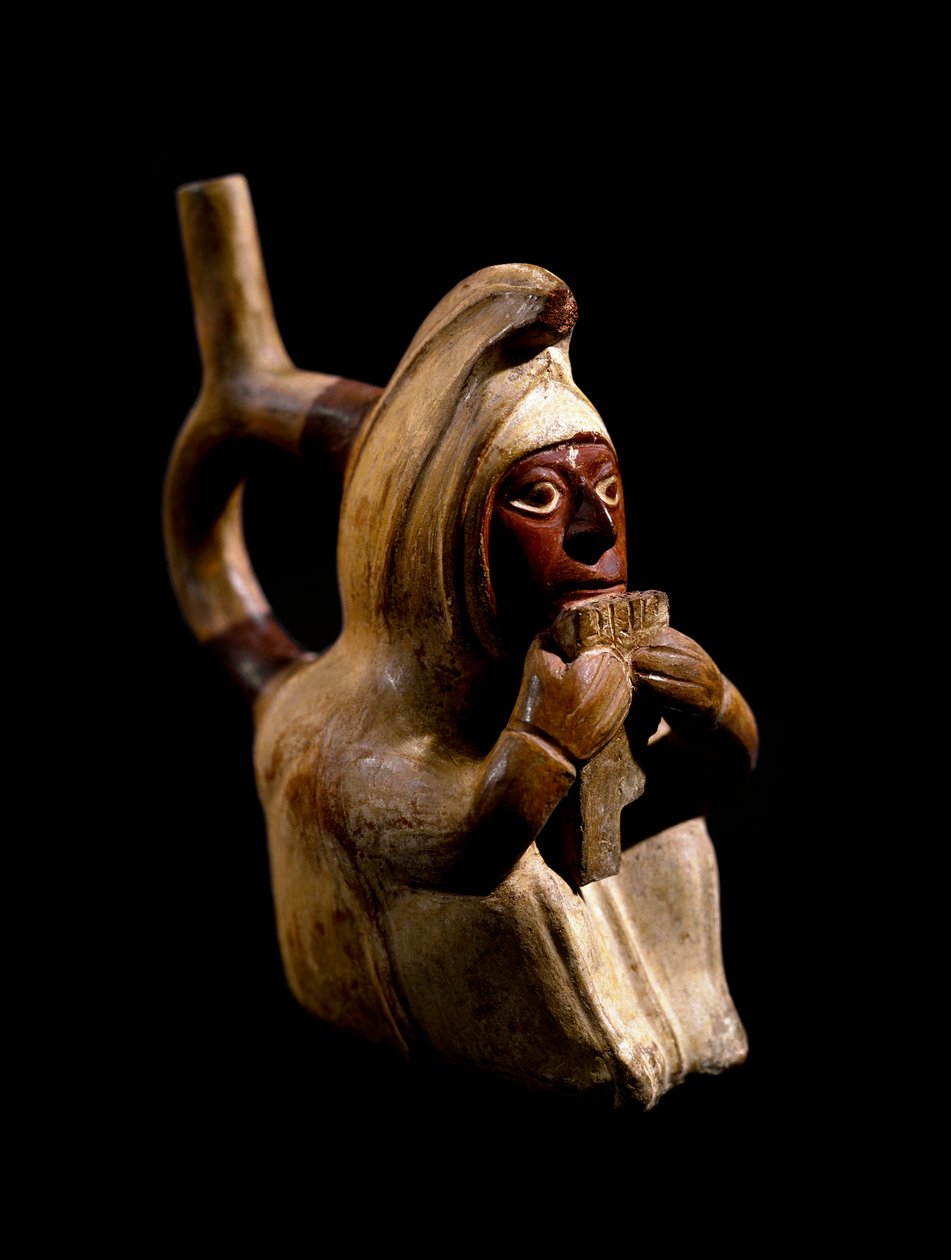 Präkolumbische Kunst, Mochica-Kultur: anthropomorphes Gefäß, das einen Panflötenspieler darstellt. 200 v. Chr.-700 n. Chr. Göteborg, Ethnographisches Museum von Moche Moche