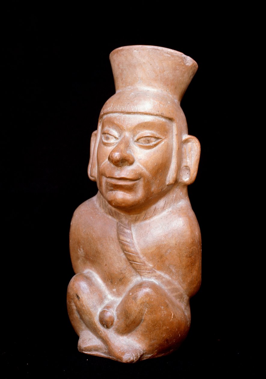 Präkolumbianische Kunst, Mochica-Zivilisation: Anthropomorphe Terrakottaflasche, die einen Gefangenen vor seinem Opfer darstellt (200 v. Chr. - 700 n. Chr.) von Moche Moche