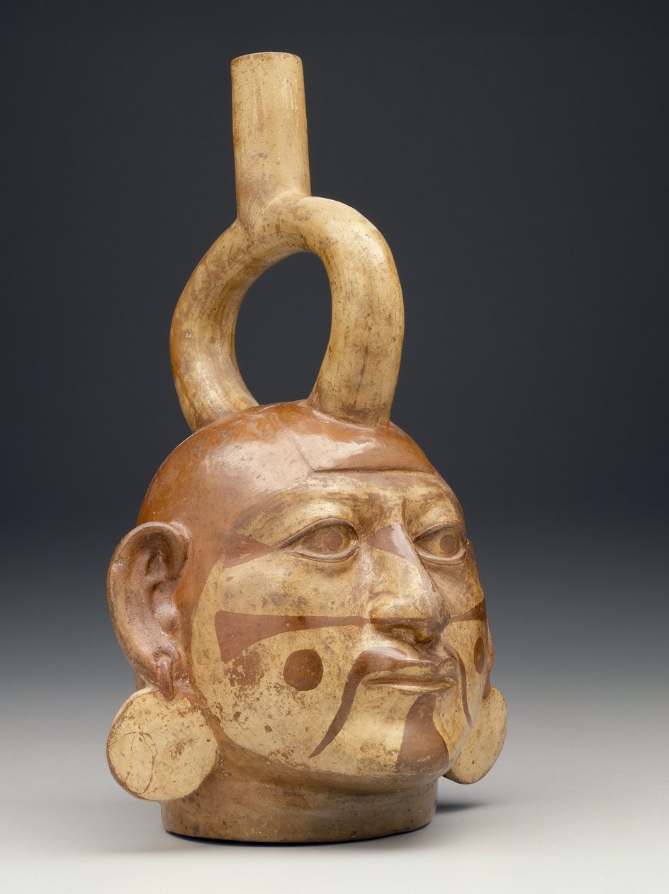Steigbügelgefäß in Form eines Männerkopfes, ca. 450-550 n. Chr. von Moche Moche