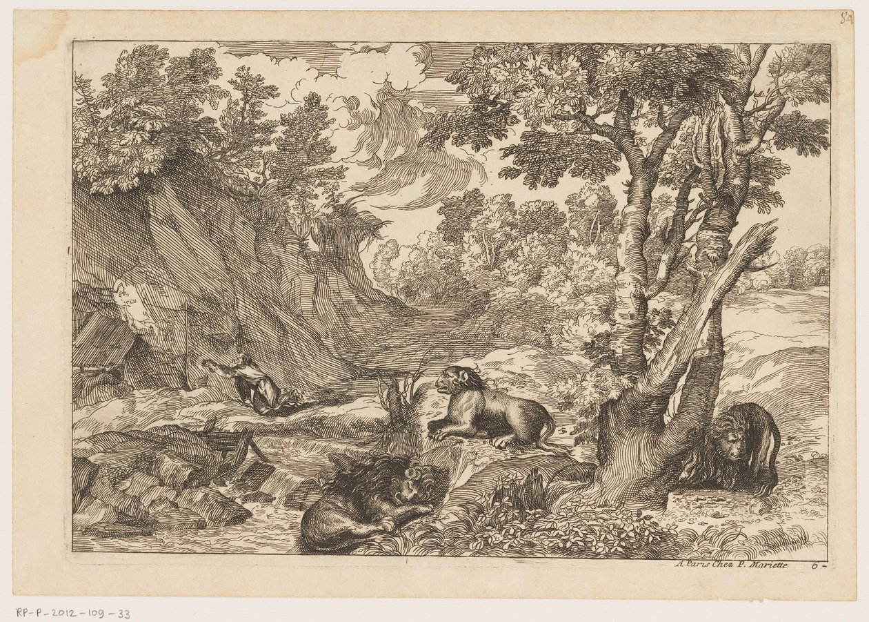 Landschaft mit dem reuigen Hieronymus und drei ruhenden Löwen von Moise Jean Baptiste Fouard