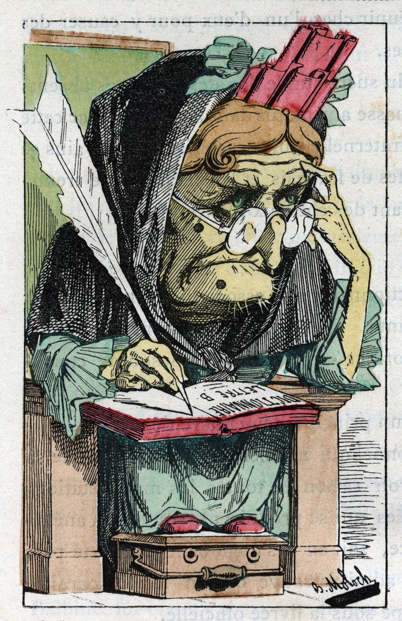 Allegorie der Académie française in „Le Trombinoscope“ von Touchatout, Karikatur von B. Moloch von 1882 (1849-1909). Private Sammlung von Moloch