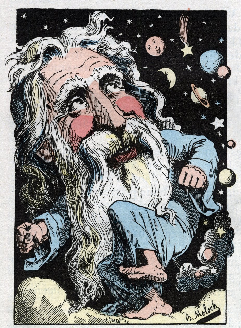 Allegorie Gottes in „The Trombinoscope“ von Touchatout, Karikatur von B. Moloch von 1882 (1849-1909). Private Sammlung. von Moloch