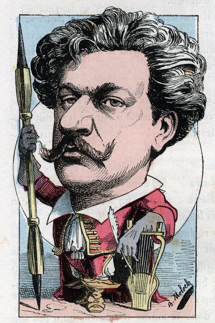 Porträt von Louis Alexandre Gosset de Guines, genannt André Gill (1840-1885), französischer Dichter und Maler in „Le Trombinoscope“ von Touchatout, Karikatur von B. Moloch von 1882 (1849-1909) von Moloch