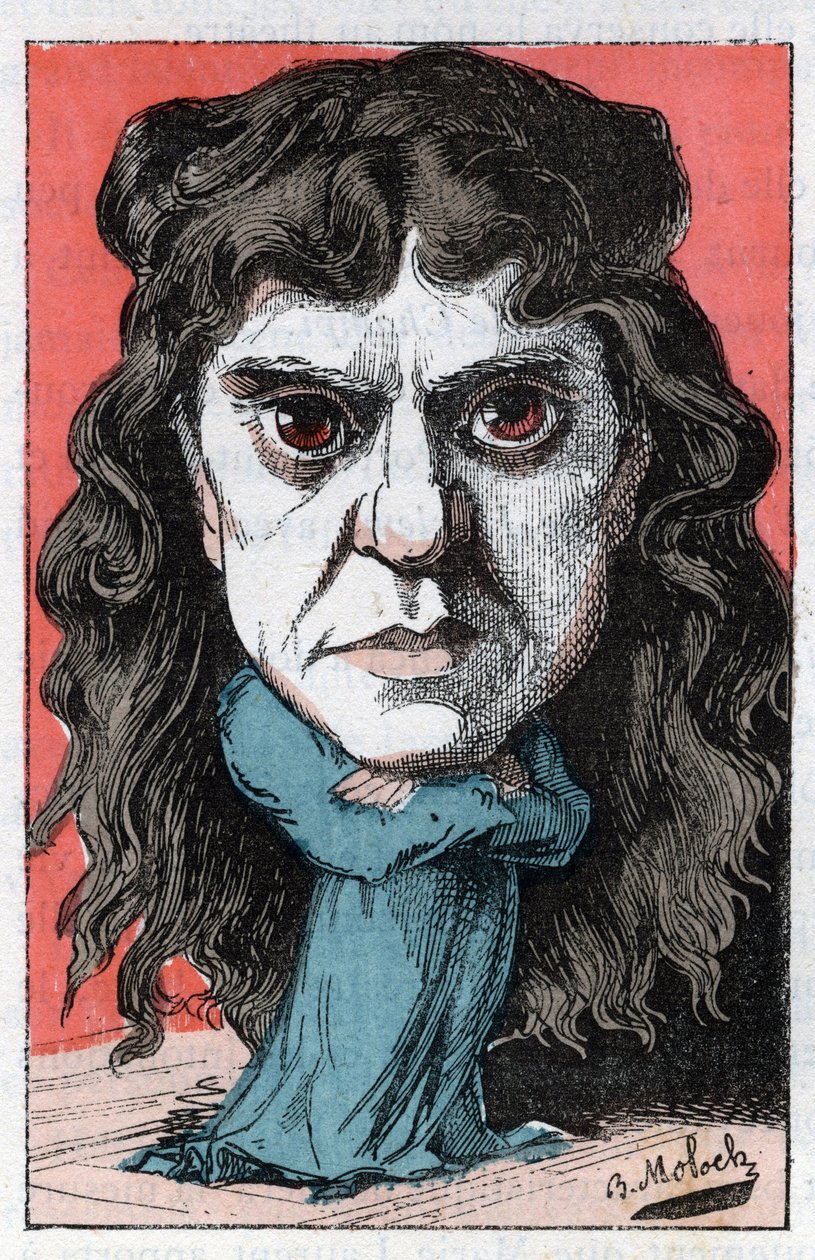 Porträt von Marie Laurent oder Marie Luguet, französische Dramatikerin des 19. Jahrhunderts in „Le Trombinoscope“ von Touchatout, Karikatur von B. Moloch von 1882 (1849-1909). Private Sammlung. von Moloch