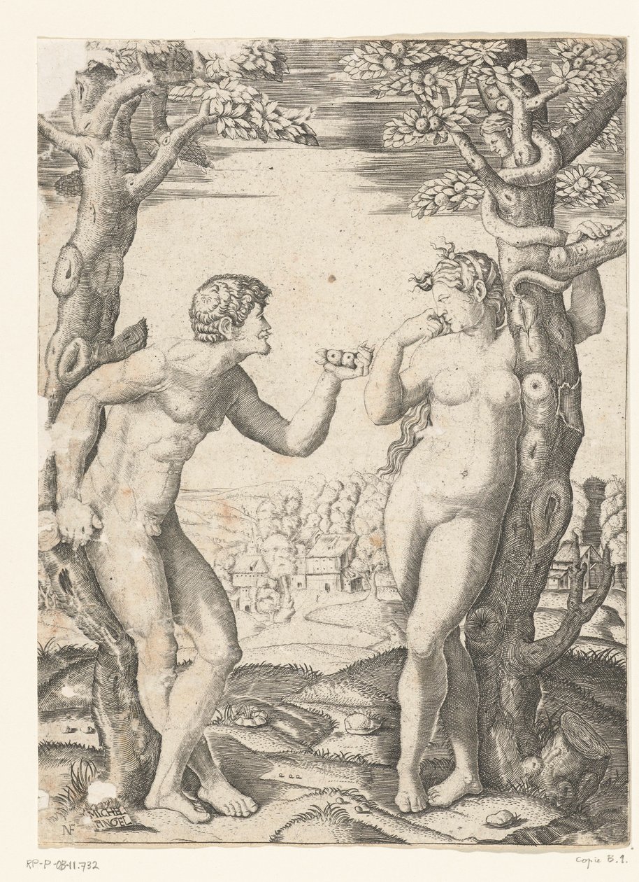 Sündenfall von Adam und Eva beim Baum der Erkenntnis von Gut und Böse mit Schlange von Monogrammist NF (graveur)
