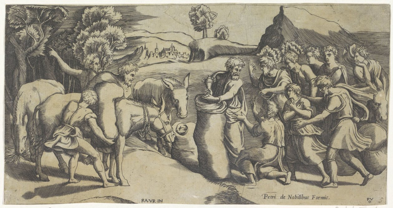 Becher von Josef in Benjamins Getreidesack entdeckt von Monogrammist PVO (prentmaker)