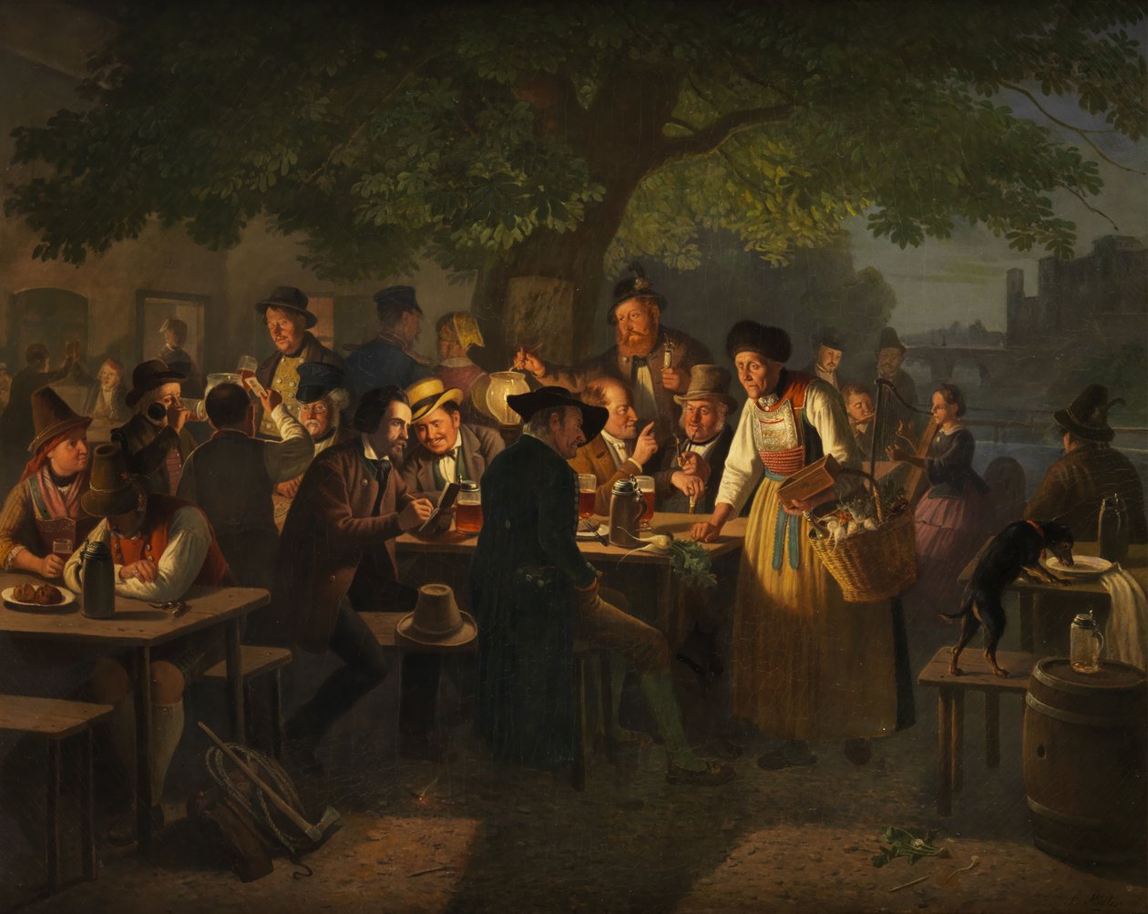Nächtliche Biergartenszene mit alter Rettichverkäuferin von Moritz Muller