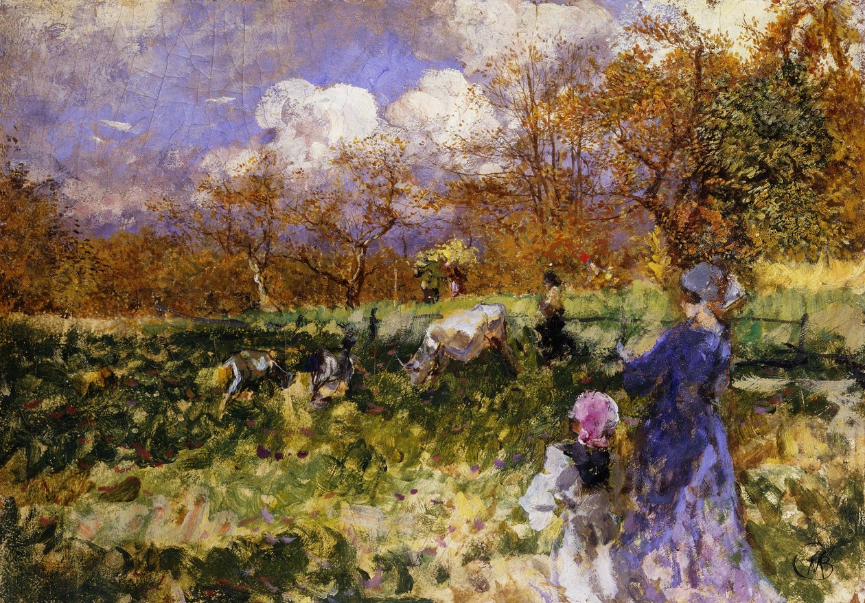 Auf der Wiese; Frauen und Kinder treiben Ziegen von Mose Bianchi