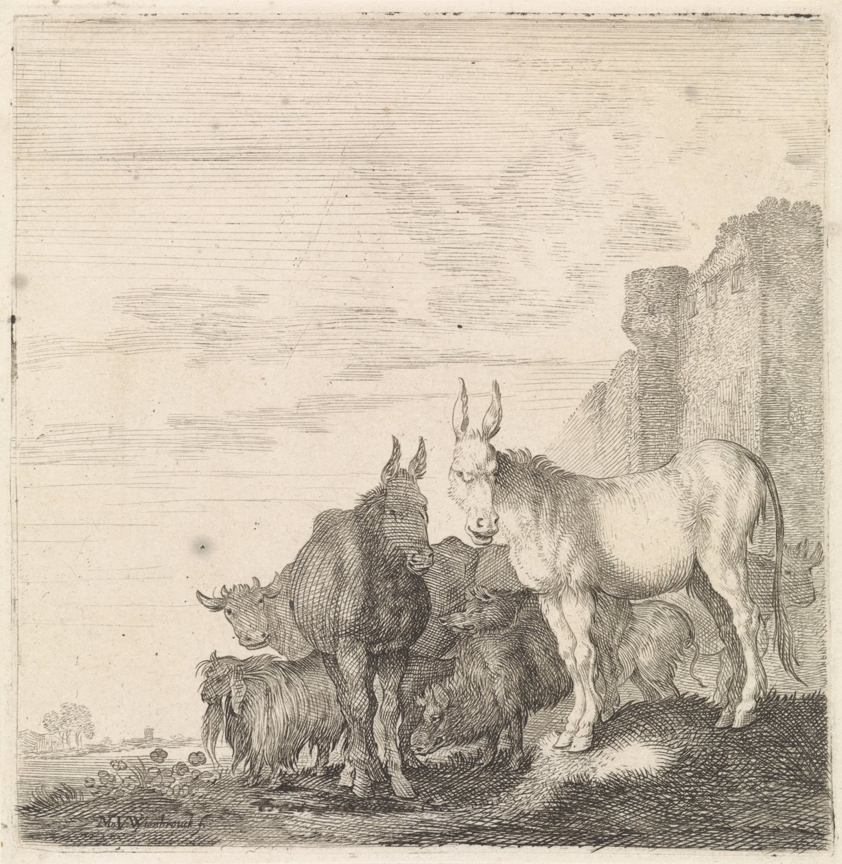 Esel an einer Mauer von Moyses van Wtenbrouck