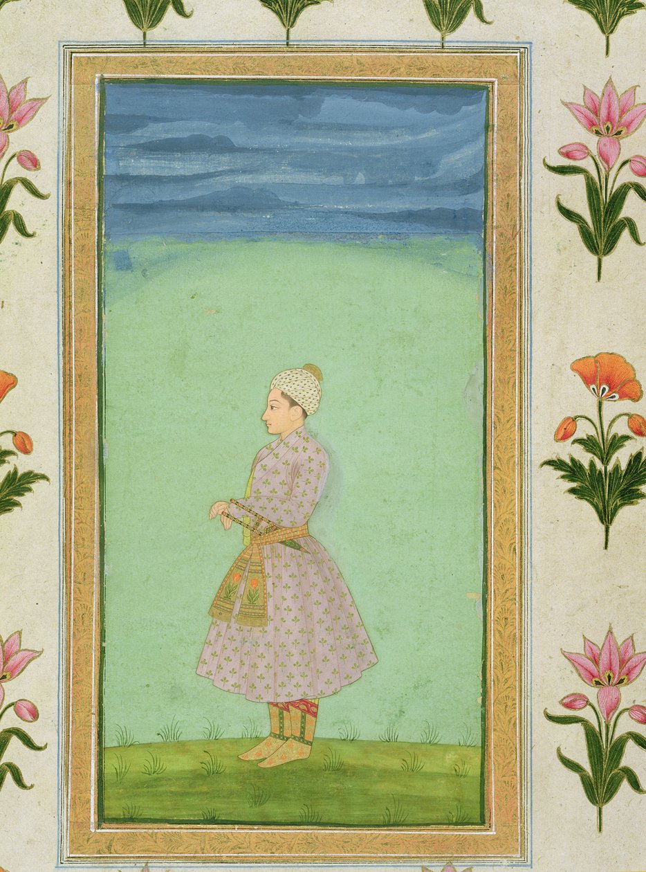 Stehende Figur eines Jungen mit einem juwelenbesetzten Dolch in seinem Gürtel, aus dem Small Clive Album von Mughal School