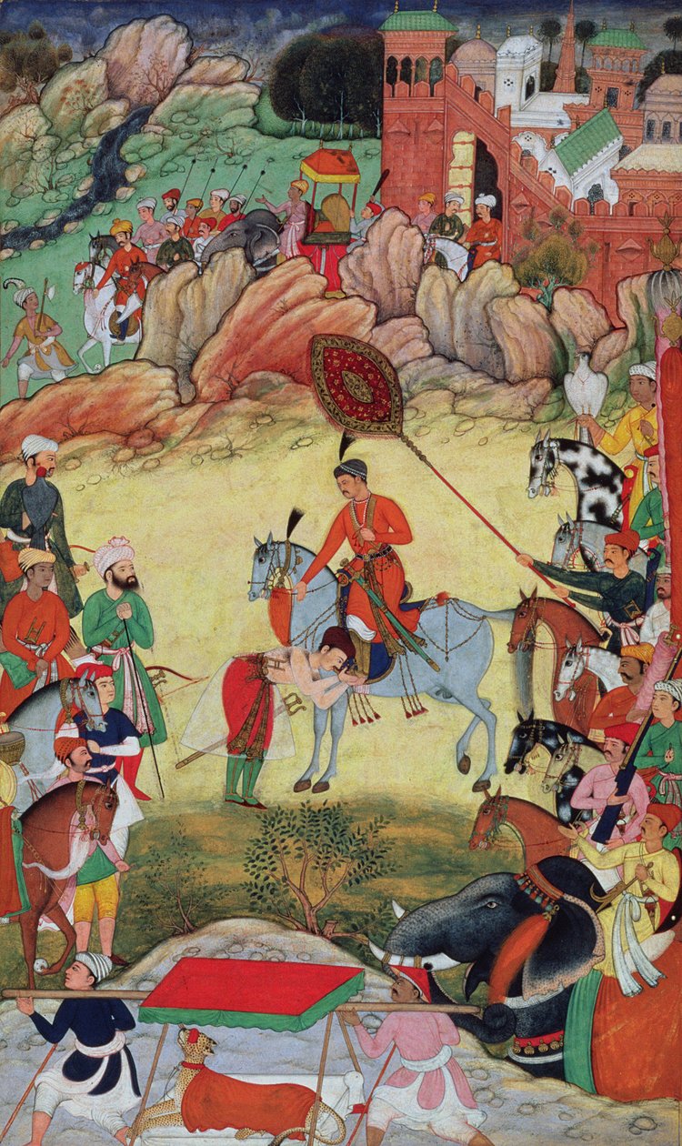 Adham Khan huldigt Akbar in Sarangpur, Zentralindien, 1560 oder 1561, aus dem Akbarnama, 1590-98 von Mughal School