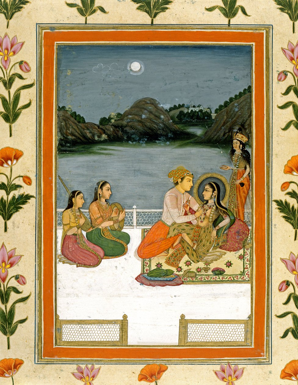 Liebende auf einer Terrasse an einem mondbeschienenen See, aus dem Small Clive Album von Mughal School