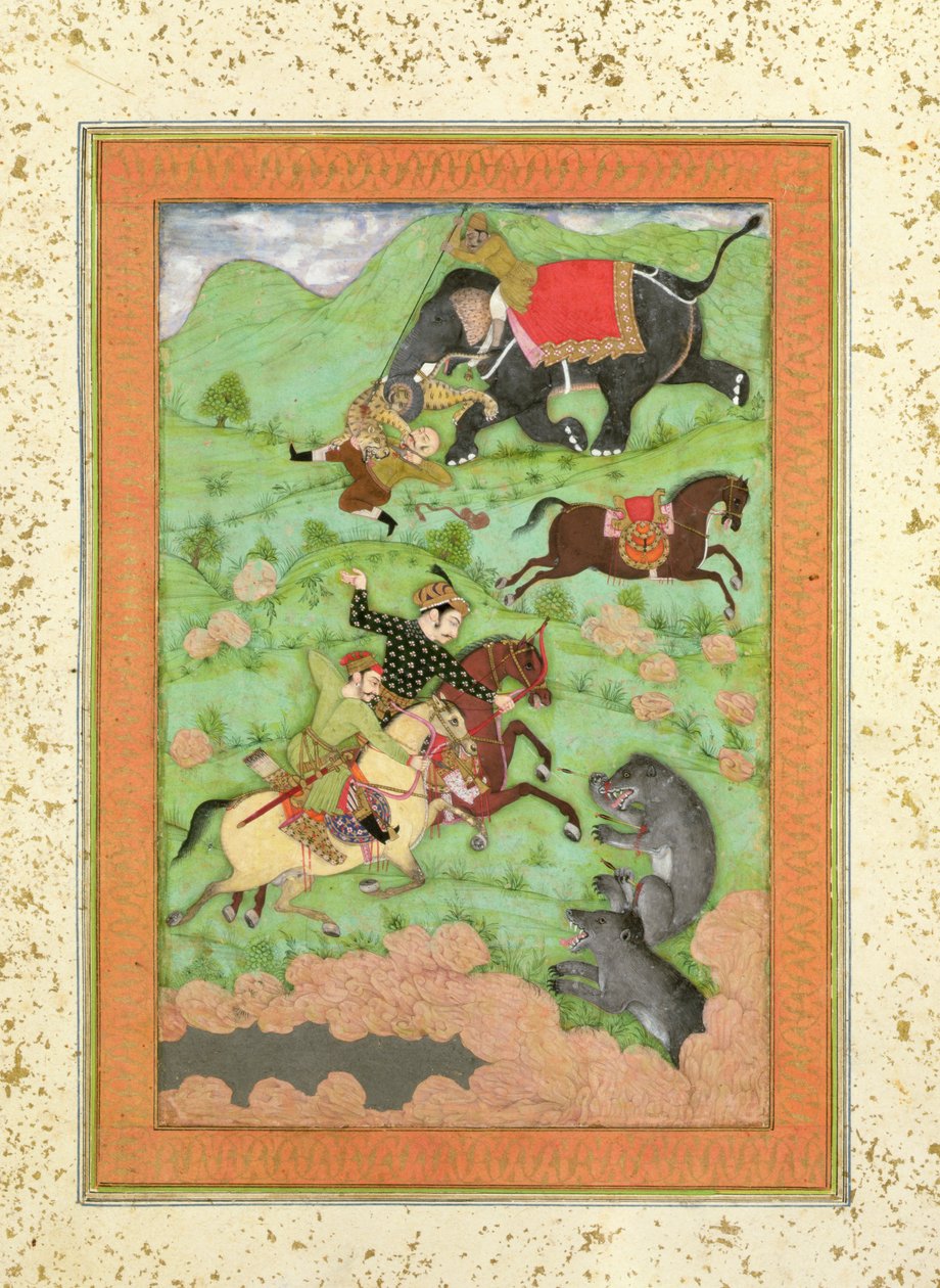 Rajput-Prinzen jagen Bären; ein Mahout und sein Elefant retten einen gefallenen Reiter vor einem Tiger, aus dem Large Clive Album von Mughal School