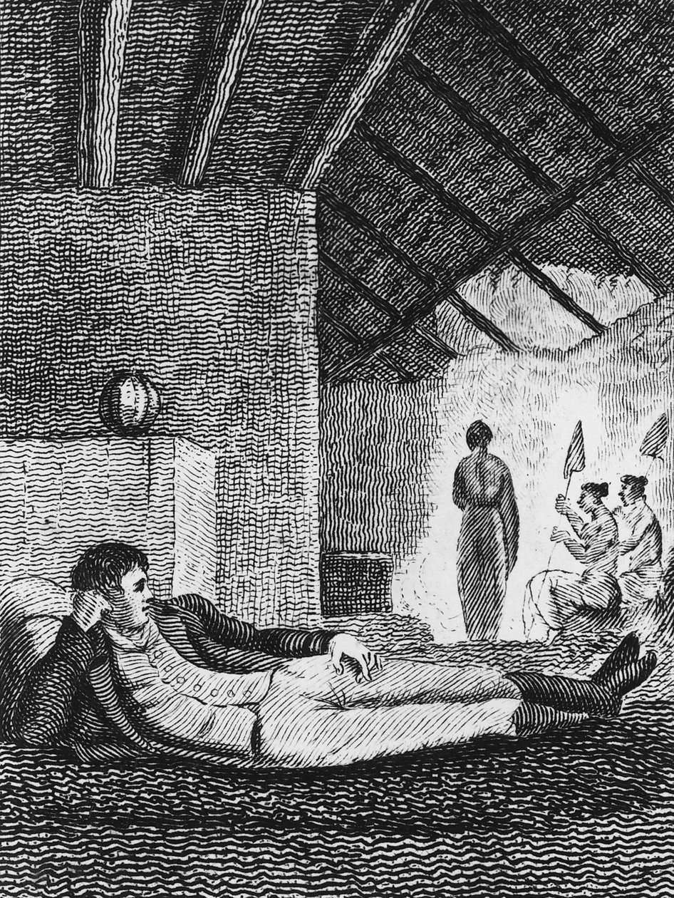 Park ruht in einer einheimischen Hütte während seiner Reisen, 1816 von Mungo Park
