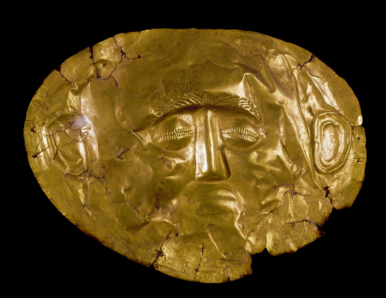 Mykenische Kunst: goldene Maske. Vom Fundort Mykene. 16. Jahrhundert v. Chr. Athen, Nationales Archäologisches Museum - Mykenische Kunst: goldene Totenmaske aus Mykene. 16. Jahrhundert v. Chr. Nationales Archäologisches Museum, Athen, Griechenland von Mycenaean