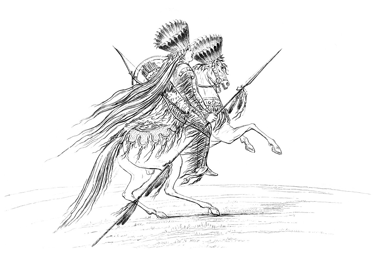 Indianischer Mann mit Waffen und Kopfschmuck, reitet ein Pferd, 1841 von Myers and Co