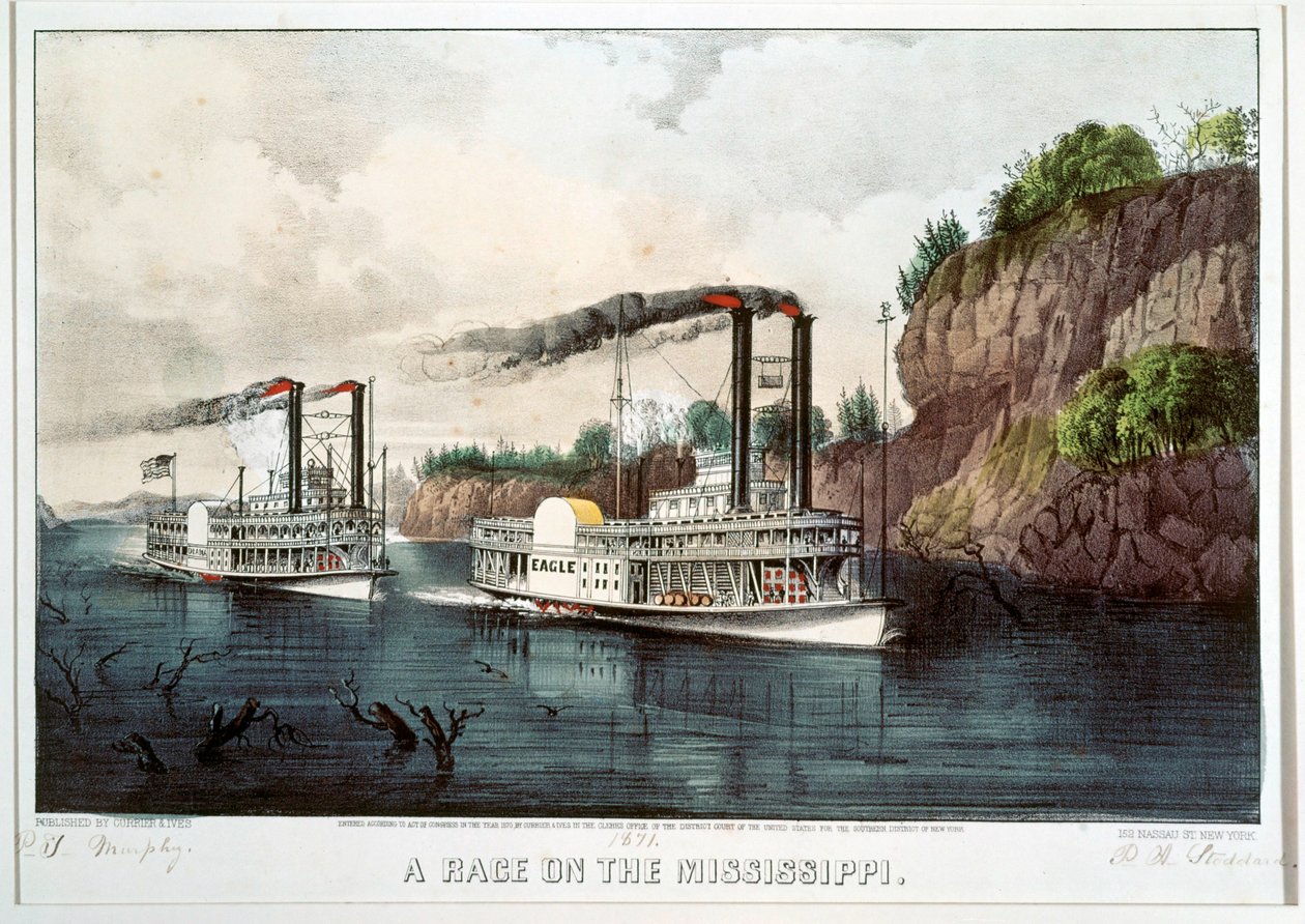 Ein Dampfschiffrennen auf dem Mississippi von N. and Ives J.M. (1824-95) Currier