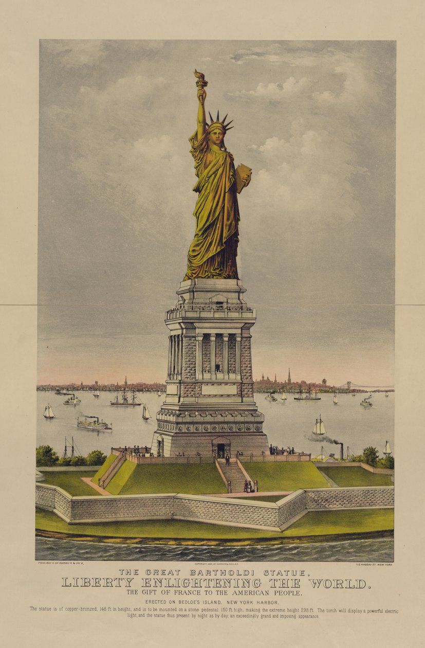 Die große Bartholdi-Statue, Freiheit erleuchtet die Welt, das Geschenk Frankreichs an das amerikanische Volk, ca. 1885 von Currier and Ives