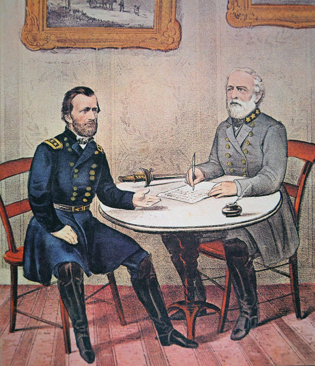 General Robert E. Lee (1807-70) kapituliert vor General Ulysses S. Grant (1822-85) im Appomattox Courthouse, 9. April 1865 von Currier and Ives