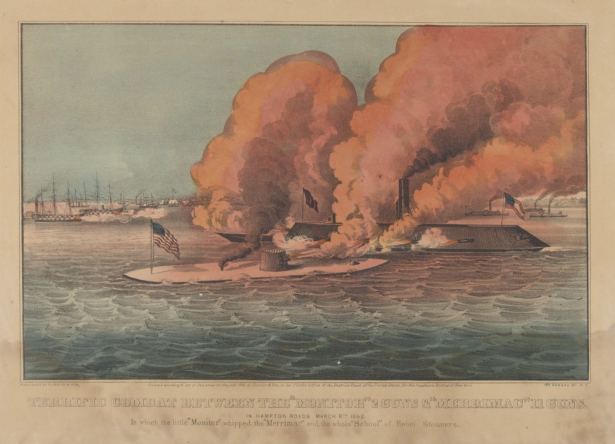 Schrecklicher Kampf zwischen der "Monitor" 2 Kanonen & "Merrimac" 11 Kanonen in Hampton Roads am 9. März 1862 von Currier and Ives
