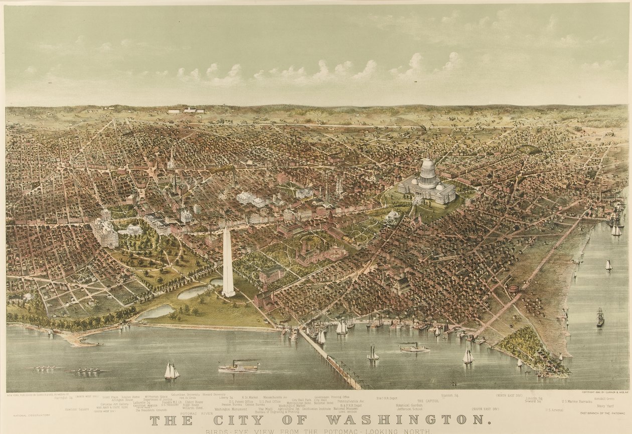 Die Stadt Washington: Vogelperspektive vom Potomac nach Norden blickend von Currier and Ives