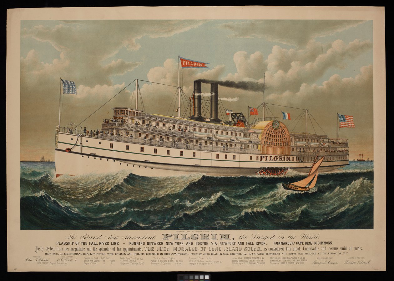 Das große neue Dampfschiff Pilgrim, das größte der Welt. Flaggschiff der Fall River Line - zwischen New York und Boston über Newport und Fall River von N. and Ives J.M. (1824-95) Currier