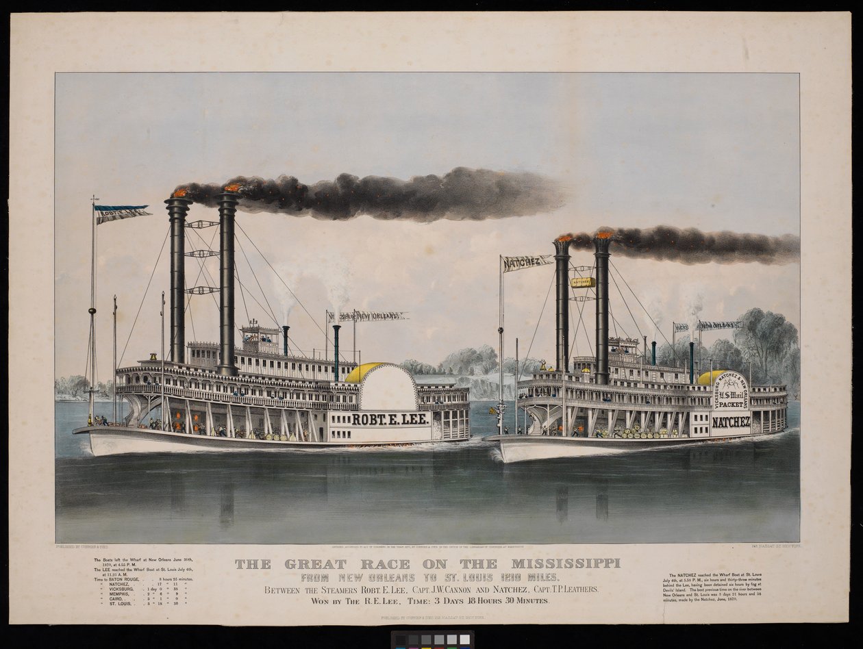 Das große Rennen auf dem Mississippi von New Orleans nach St. Louis, 1210 Meilen. Zwischen den Dampfern Robt. E. Lee... und Natchez... Gewonnen von R.E. Lee von N. and Ives J.M. (1824 95) Currier