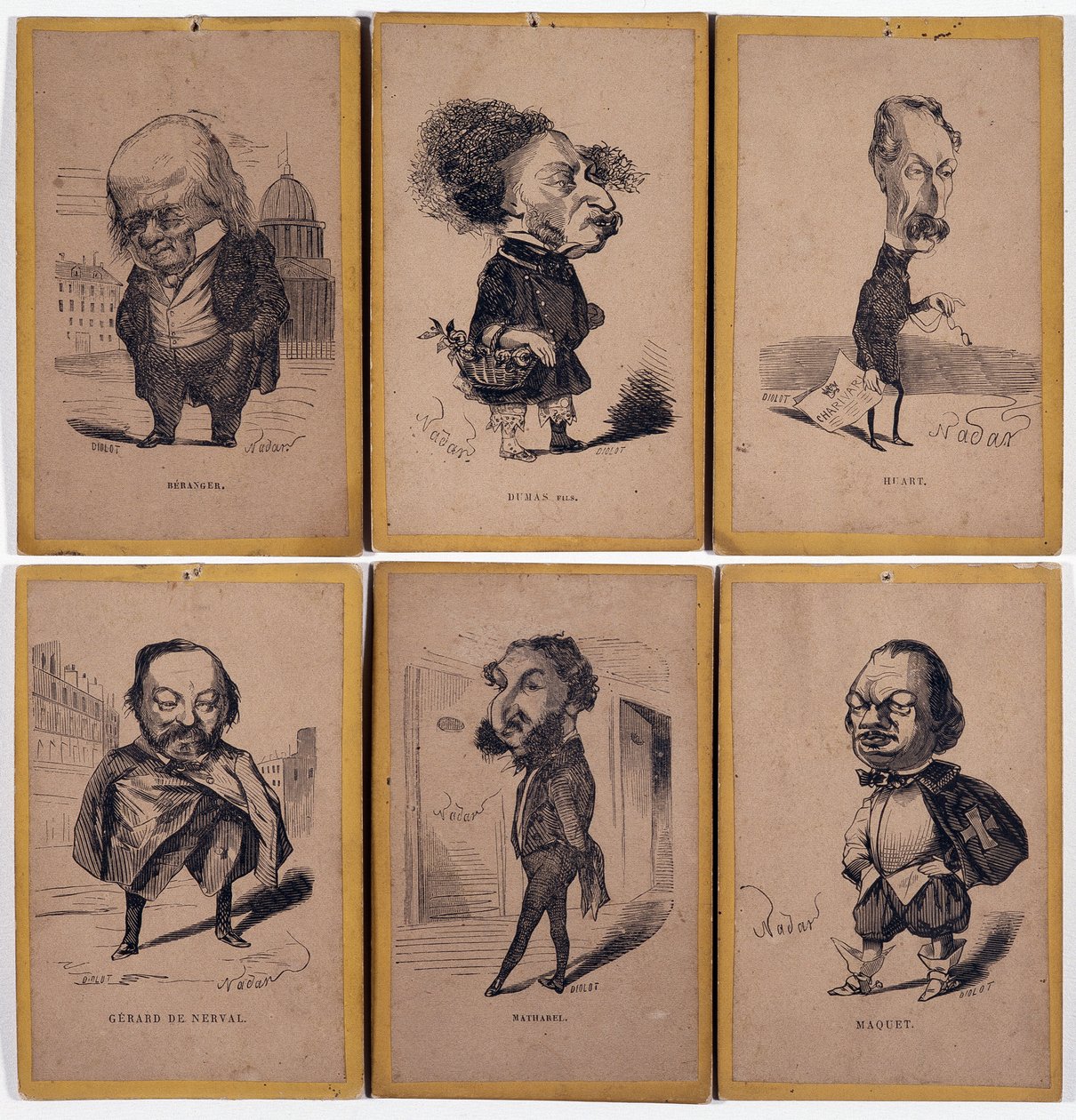 6 Karikaturporträts: Pierre Jean de Béranger (1780-1857) französischer Liedermacher, Alexandre Dumas fils (1824-1895), Louis Adrien Huart (1813-1865) französischer Journalist, Schriftsteller und Theaterdirektor, Gérard de Nerval (1808-1855), französischer  von Nadar