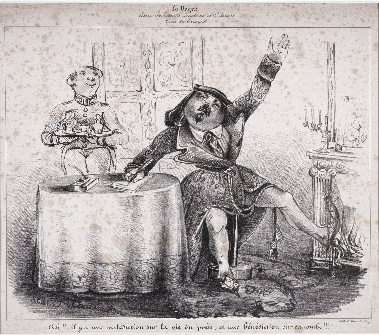 Ah!!! Es liegt ein Fluch auf dem Leben des Dichters und ein Fluch auf seinem Grab!!!. Eine der ersten Zeichnungen von Felix Tournachon erschien in „La Vogue, industrielle, künstlerische und literarische Zeitschrift“ von Nadar