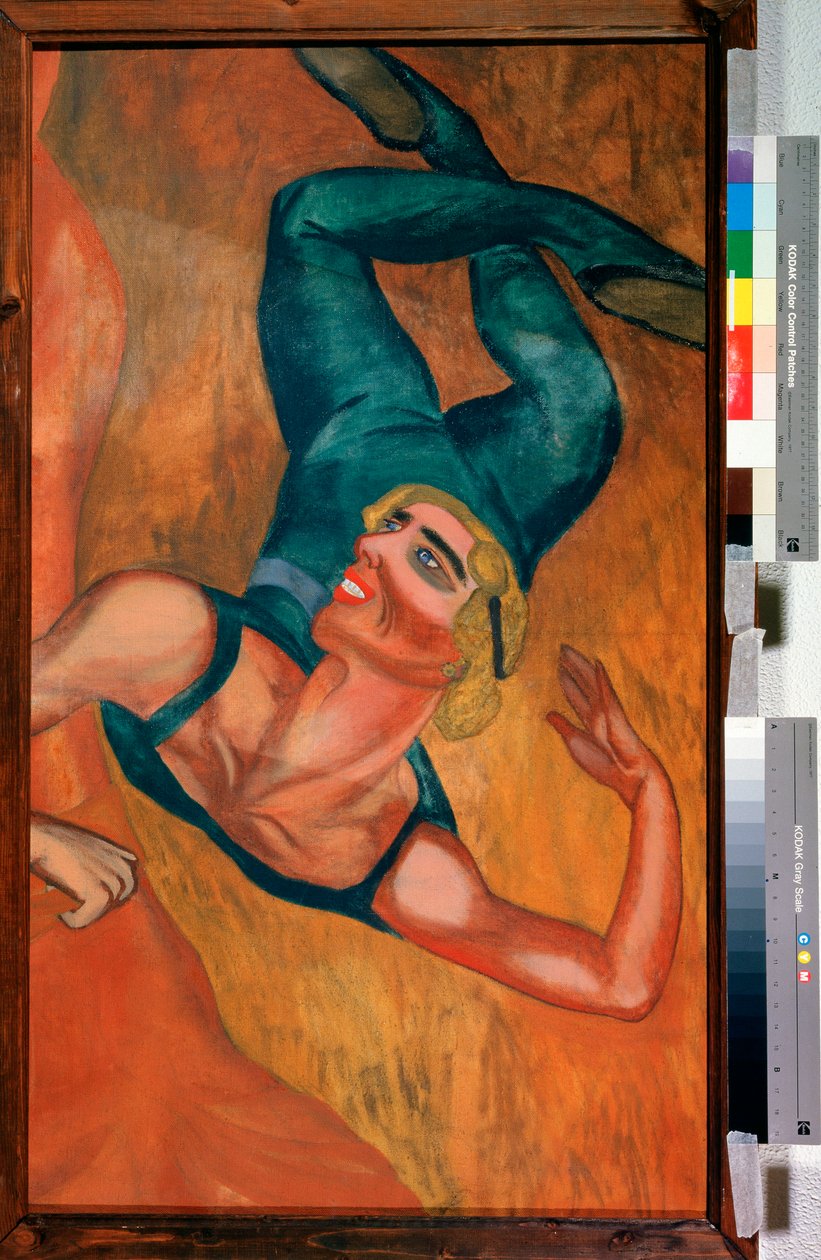 Sprung - Ein Akrobat macht einen Sprung, das Gesicht lächelnd, der flexible Körper in der Pose in der Luft verzerrt - Gemälde von Nadeschda Wladimirowna Lermontowa (1885-1921), Öl auf Leinwand von Nadezhda Vladimirovna Lermontova