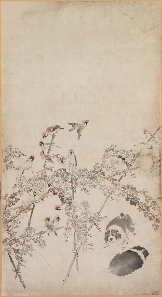 Welpen, Spatzen und Chrysanthemen, 1754-1799 von Nagasawa Rosetsu