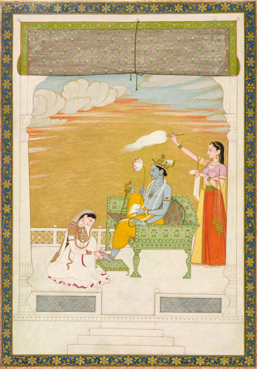 Lakshmi massiert den Fuß von Vishnu, ca. 1765-1770. Schöpfer: Nainsukh, Manju von Nainsukh Manju