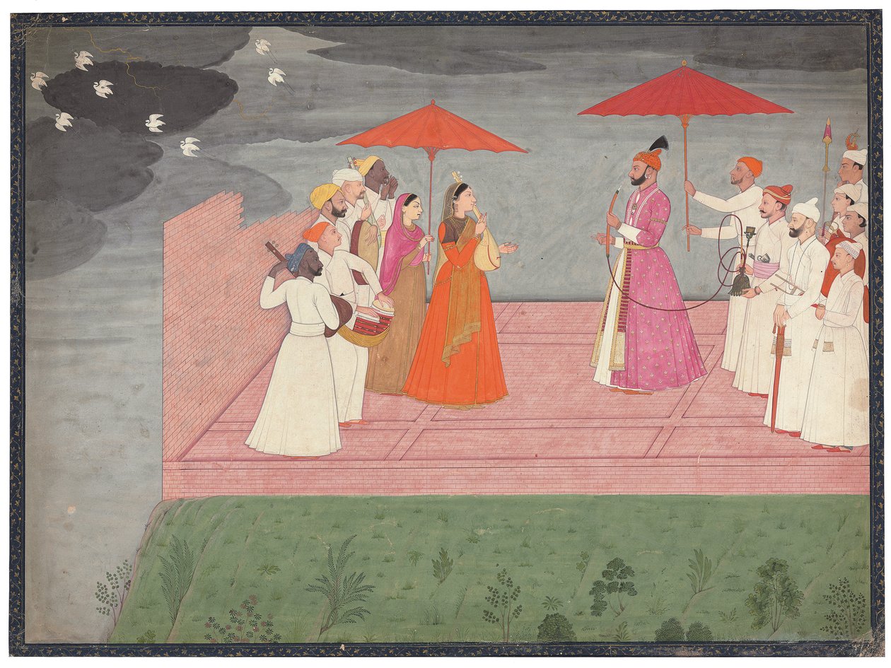 Musiker spielen eine Raga für Balwant Dev Singh während der Regenzeit, ca. 1745-50 von Nainsukh